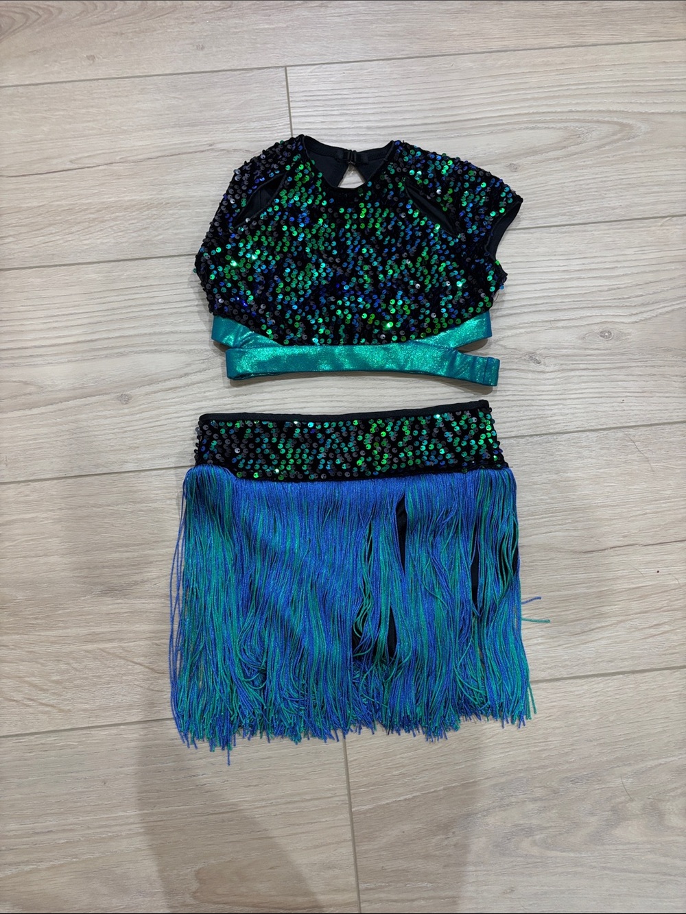 Girls 10th House Sequin Fringe 2 piece Dance Costume - Blue Green - CM
